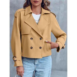 Women Crop Double Breasted Trench Coat Khaki2